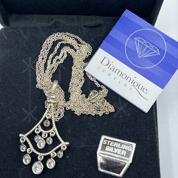 Vintage Diamonique Sterling Silver Chandelier Pendant Necklace, 16" - Picture 16 of 17